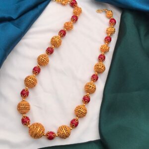 gold polish balls mala with red beads