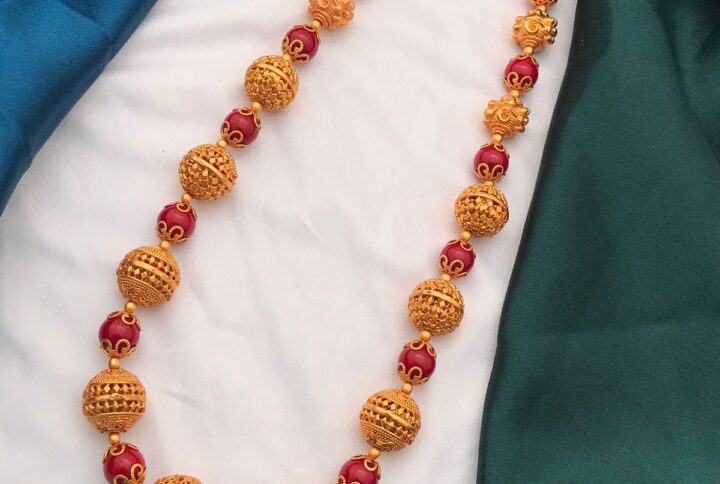 gold polish balls mala with red beads