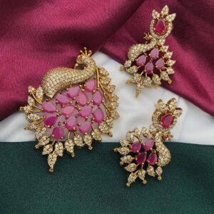 peacock white and red stones pendent set